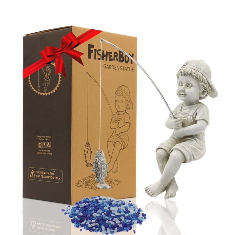Goodeco Fisherboy Statue Garden Decor - 11" Little Fishing Guy for Koi Pond or Waterfalls, Poolside Statue with Glow in Dark Pebbles Included, Great Gifts for Mom, Women or Birthdays, Gift Ideas - Image 1